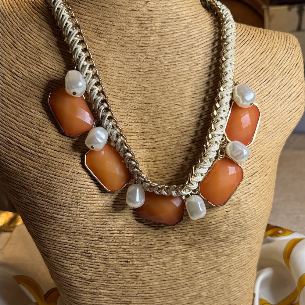 Fashion Jewelry Gold-Tone Necklace with Orange Stones and Pearl Accents